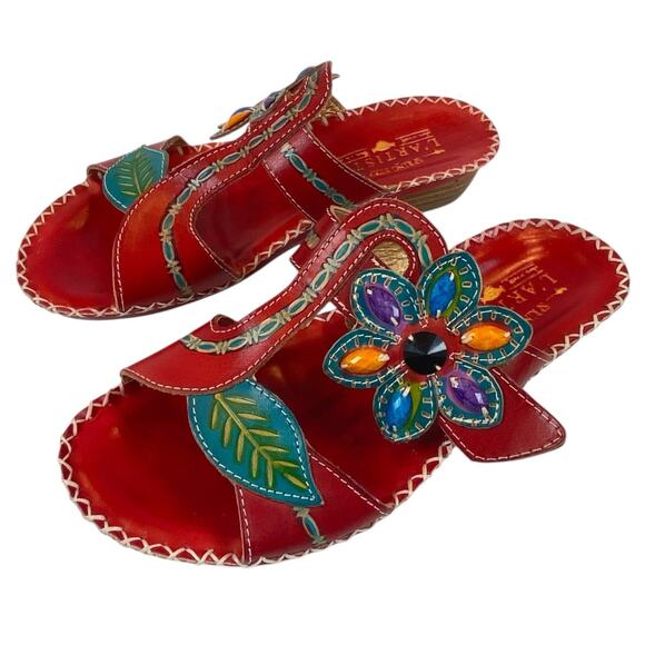 L artiste Spring Step Sandals Red Leather Floral Size 38 / US 8 - Picture 2 of 7